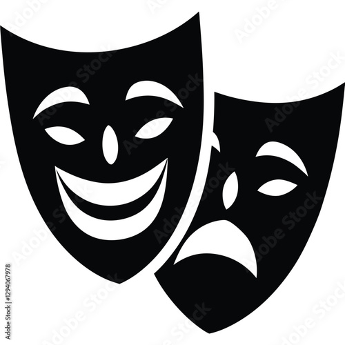 theater masks, comedy and tragedy, black and white, iconic symbol, dramatic contrast, classical design, stylized faces, symmetrical composition, vector graphic style, minimalist artwork, 