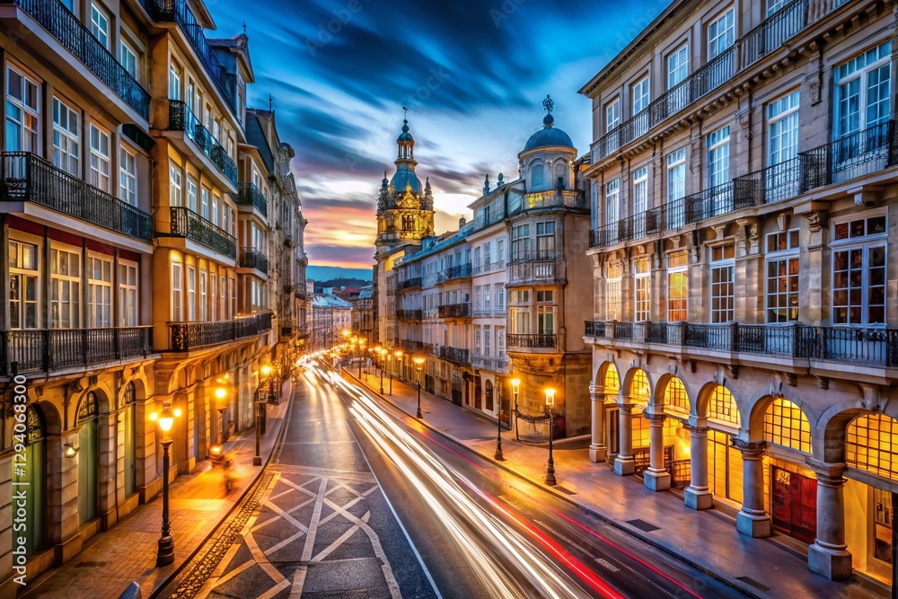 Naklejka premium Long Exposure Night Photography: A Coruña Historic City Street