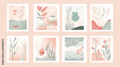 Wallpaper Mural Eight minimalist pastel aesthetic illustrations featuring plants, pottery, and landscapes. Torontodigital.ca