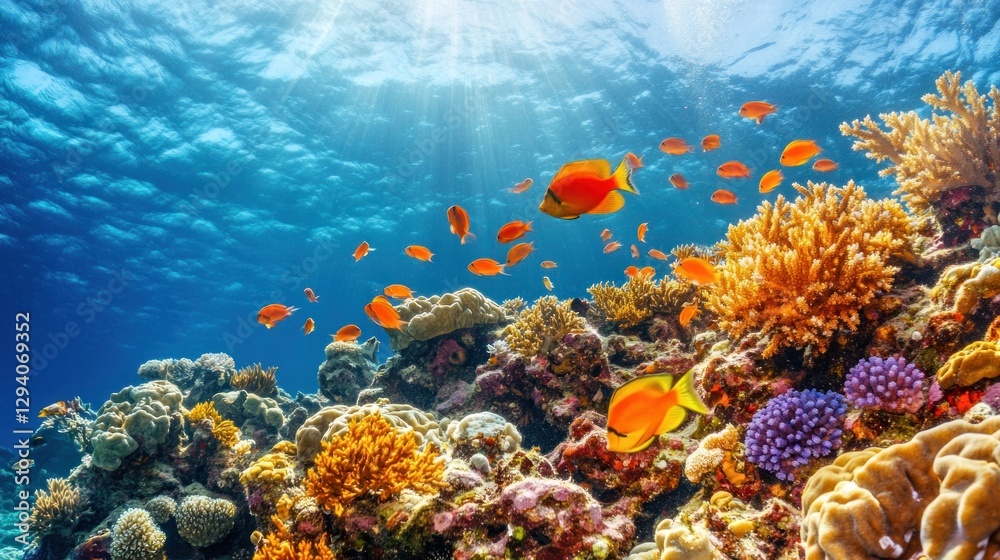 Naklejka premium Vibrant Coral Reef Underwater Paradise: A Stunning Display of Marine Life and Colorful Corals