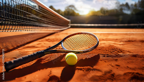 Tennis Racket and Ball – A close-up of a tennis racket resting on a clay court, with a ball near the net.