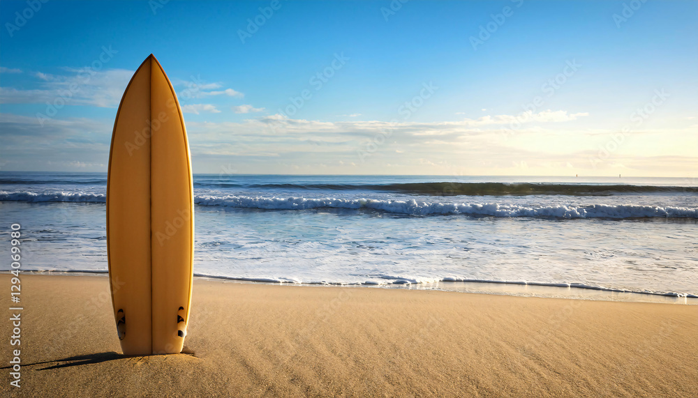 Surfboard on Beach – A surfboard planted upright in the sand, with waves rolling in the background Surfboard on Beach – A surfboard planted upright in the sand, with waves rolling in the background