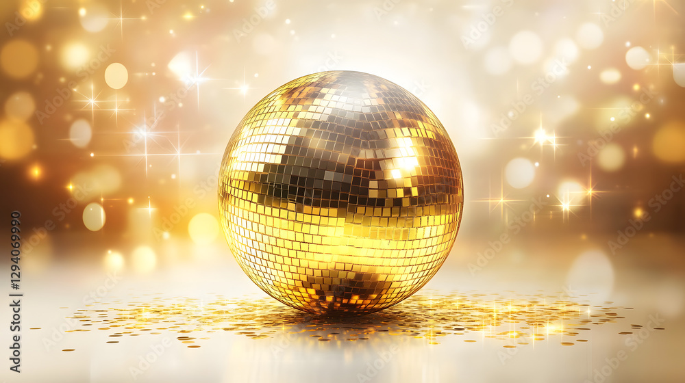 Obraz premium A golden disco ball with shiny, sparkling reflections on its surface 