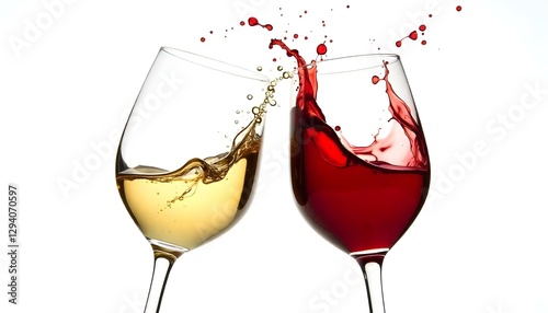 Dos copas de vino, una llena de vino blanco y la otra de vino tinto, se capturan en un chapoteo dinámico contra un fondo blanco absoluto photo