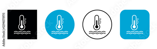 Vector Water Thermometer Flat Icons Set in Solid Geometric Shapes on White Background. Water Temperature Indicator Signs collection for pool, sea water, temp conditioner system.
