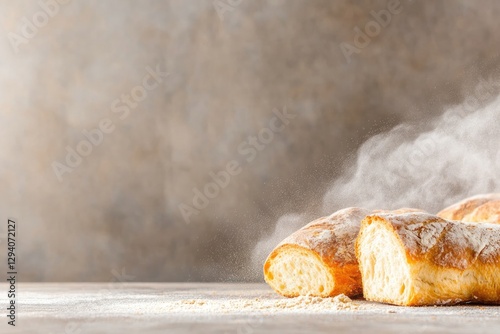 close-up of freshly baked bread and pastries with rustic background and ample copy space