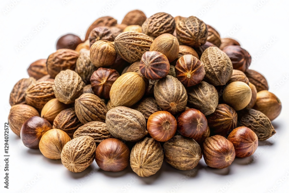 Long Exposure Photo of Mace & Nutmeg Heap, Javitri Spice, Isolated on White Long Exposure Photo of Mace & Nutmeg Heap, Javitri Spice, Isolated on White