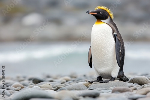 fiordland crested penguin standing on rocky new zealand shoreline photo