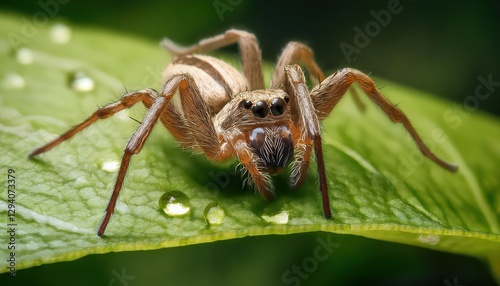 Closeup of Wolf Spider Pardosa amentata Perched on a Lush Green Grass Leaf, Showcasing Intricate Leg Structure and Fur Texture against the Backdrop of Natures Majesty. photo