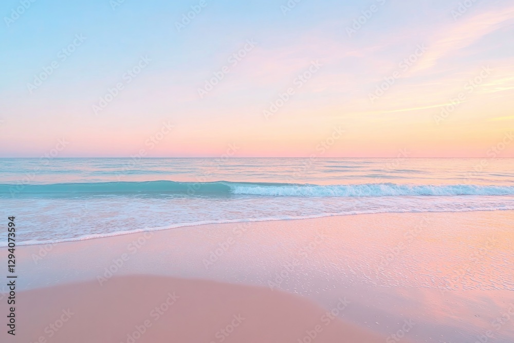 Obraz premium golden sandy beach at sunset with gentle waves kissing shore under pastel sky ideal for relaxing getaways