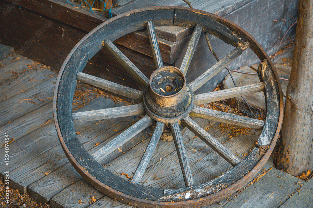 a very old, historic, antique horse cart wheel like from a western movie a very old, historic, antique horse cart wheel like from a western movie