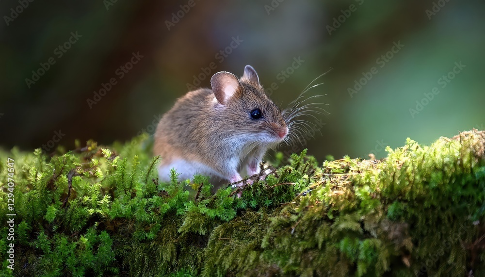 Wood mouse in the moss A captivating closeup of natures smallest wonder thriving in a tranquil winter forest at twilight.