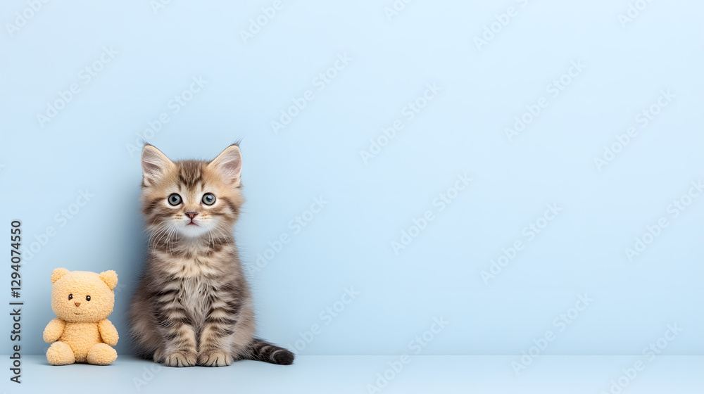 Single Fluffy Kitten Sitting on a Grey Background, Soft and Adorable