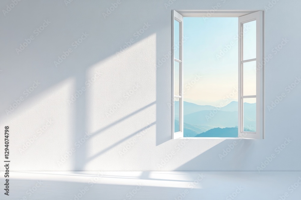 window frame with scenic view of distant mountains sunlight streaming through and illuminating room window frame with scenic view of distant mountains sunlight streaming through and illuminating room
