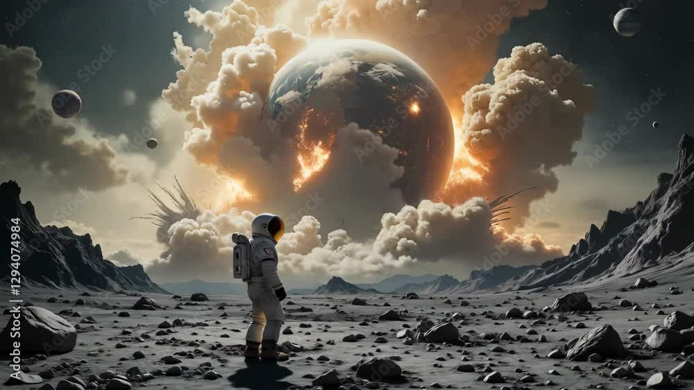 A man in a spacesuit stands on a rocky surface in front of a large planet