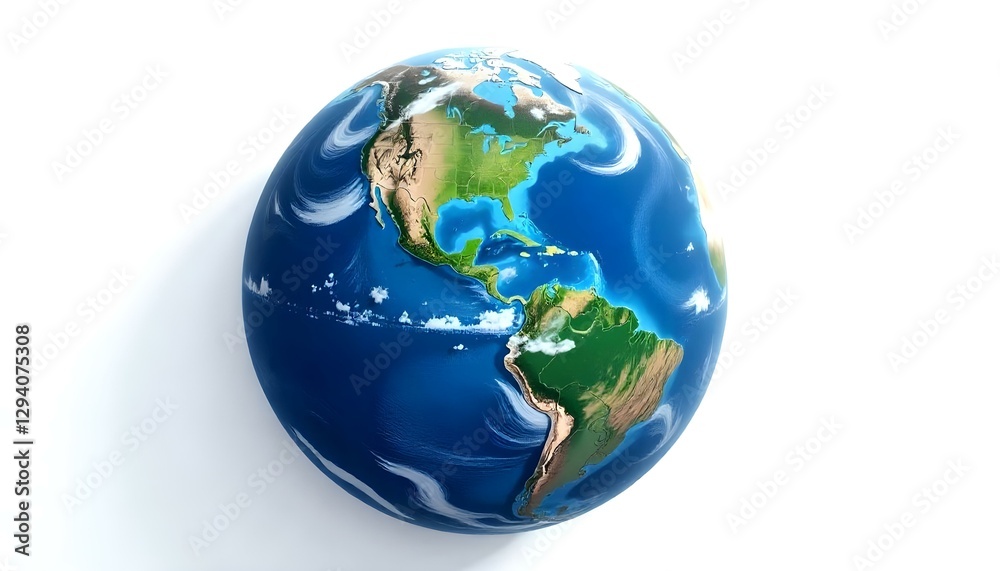 Fototapeta premium Una representación digital detallada del planeta Tierra, centrada en el continente norteamericano, sobre un fondo completamente blanco. La obra de arte emplea una paleta de colores vibrantes