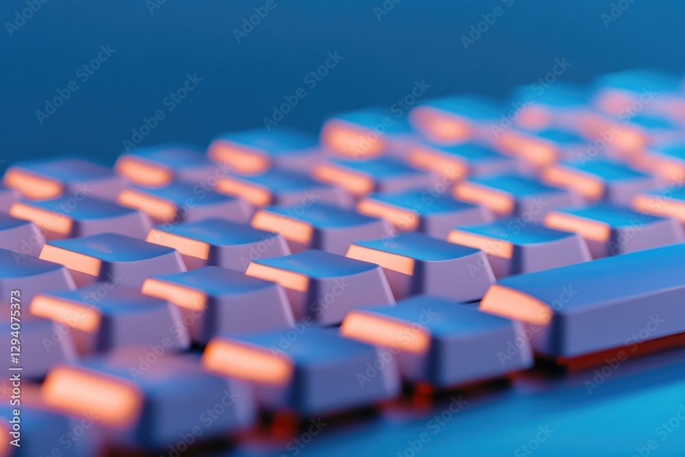 Obraz premium close-up of keyboard with keys illuminated by futuristic blue light symbolizing digital transformation