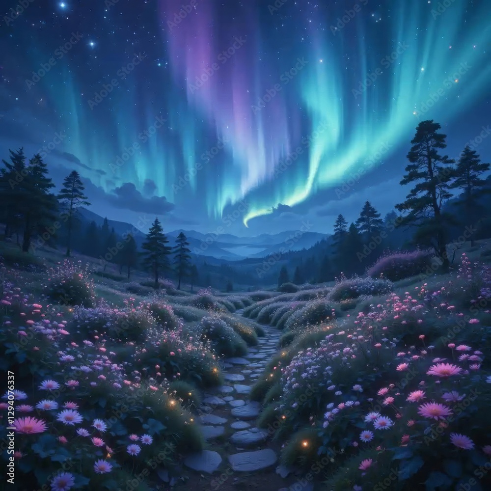 Fototapeta premium A luminous galactic meadow in an aurora-lit glade
