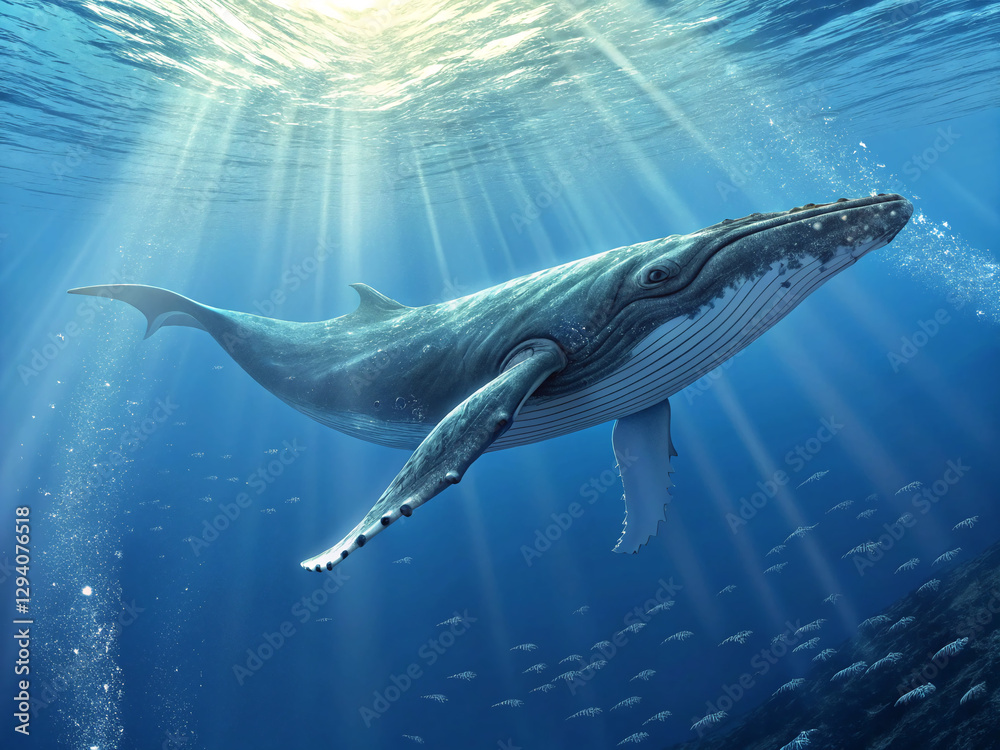 Naklejka premium A giant humpback whale gliding gracefully through the deep blue ocean, sunlight filtering from above