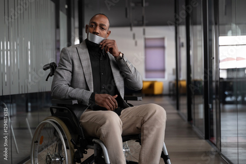 Wall Mural African-American man in a wheelchair wearing a formal outfit, sitting in a modern office, removing duct tape from his mouth