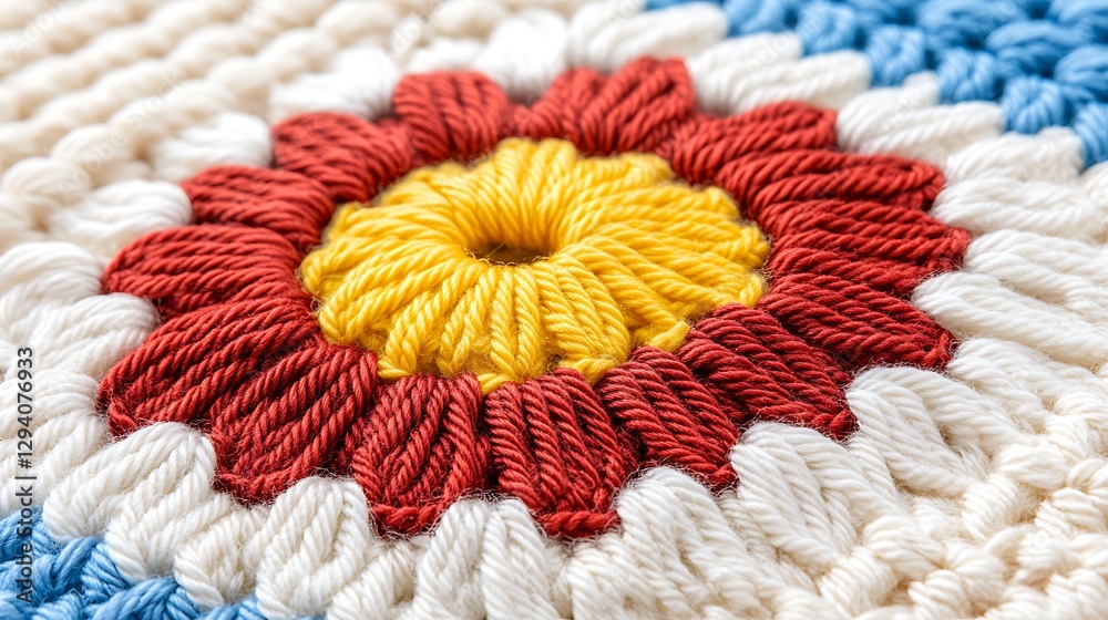 Colorful Hand Woven Textile Detail Close up of Red Yellow and White Yarn Flower Pattern Colorful Hand Woven Textile Detail Close up of Red Yellow and White Yarn Flower Pattern