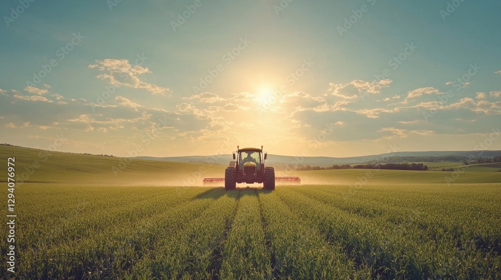 Fototapeta premium Tractor working on a vast green field under a bright sun agricultural landscape rural scene farming equipment cultivating land at sunset scenic view