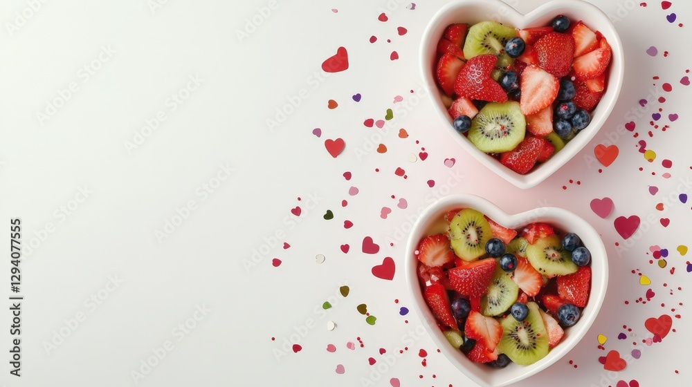 Heart shaped bowls of fruit salad with confetti hearts Heart shaped bowls of fruit salad with confetti hearts