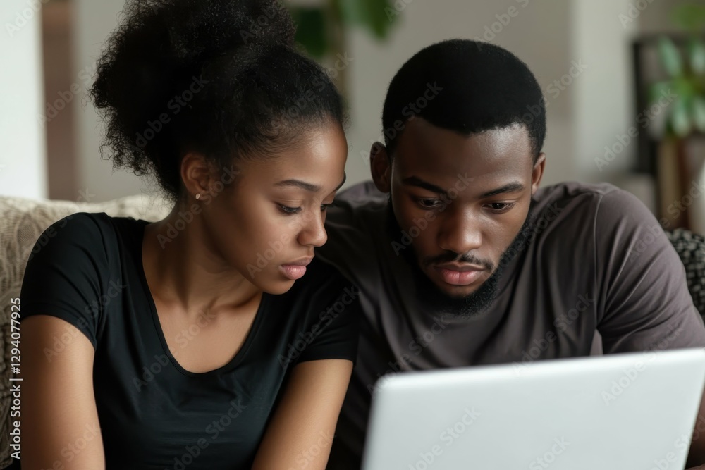 Obraz premium Couple Looking At Laptop Screen. Man and Woman Sitting on Cozy Sofa, Reading Email and Chatting Online