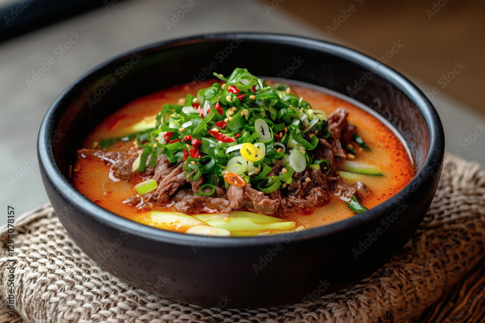 Delicious beef soup with scallions and chili peppers Delicious beef soup with scallions and chili peppers