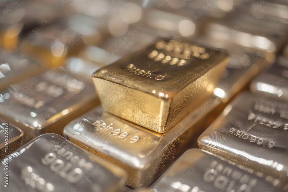 Close Up of Stacked Shiny Gold Ingots for Financial Wealth and Investment with Detailed Texture and Precious Metal Reflections