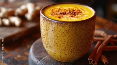 Golden milk turmeric latte in mug on rustic wood with spices photo