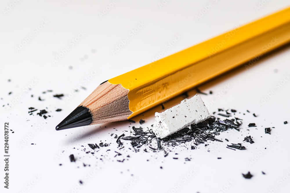 Close Up of Yellow Pencil with Eraser Tip Surrounded by Graphite Shavings on White Paper Flat Lay Still Life Compoition Close Up of Yellow Pencil with Eraser Tip Surrounded by Graphite Shavings on White Paper Flat Lay Still Life Compoition