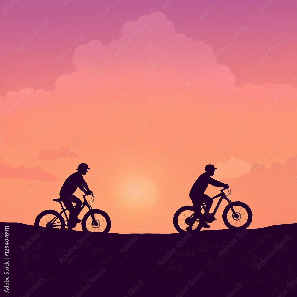 Fototapeta premium Silhouetted Mountain Bikers at Peaceful Sunset