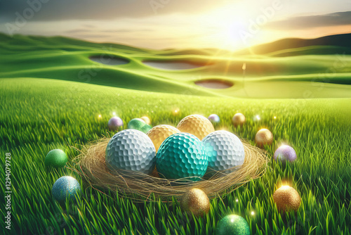 A row of golf balls sitting on top of a lush green field, easter, shiny and sparkling, sports, livid colors, ideal for marketing golf equipment, events, and leisure businesses