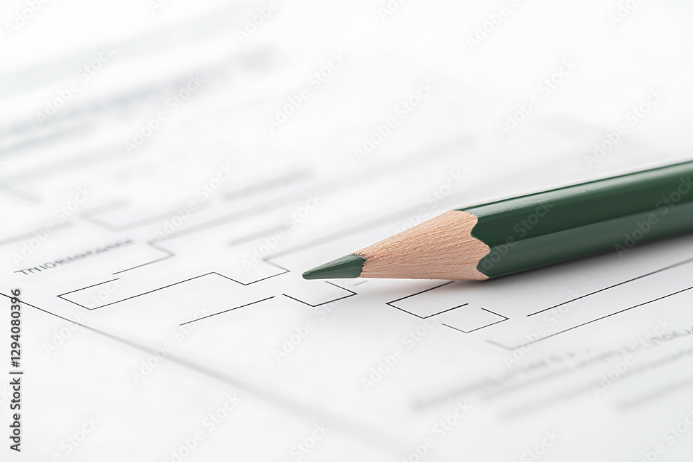 A green pencil rests on a document with lines and text, suggesting writing, drawing, or form completion in a bright, minimalistic setting. A green pencil rests on a document with lines and text, suggesting writing, drawing, or form completion in a bright, minimalistic setting.
