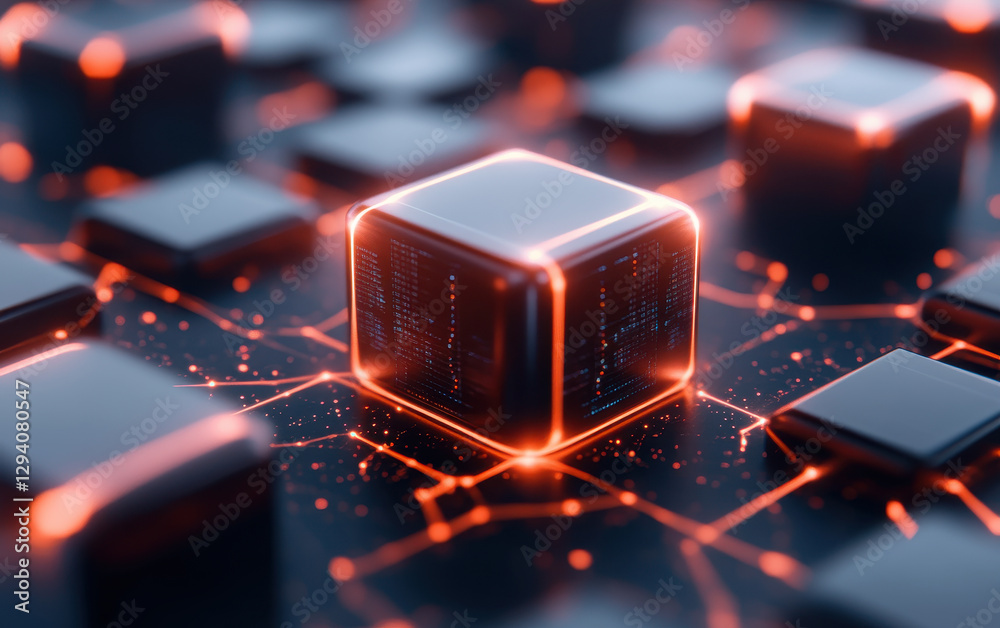 Futuristic 3D server farm with glowing cubes and intricate network design, showcasing advanced technology and digital connectivity Futuristic 3D server farm with glowing cubes and intricate network design, showcasing advanced technology and digital connectivity