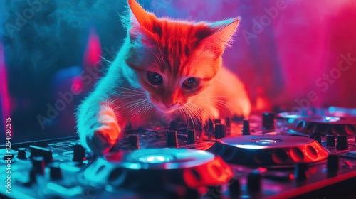 DJ cat mixes beats in a colorful party atmosphere 