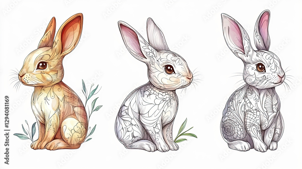 Obraz premium Art drawing elegant bunny doodle outlines showcasing intricate designs and details