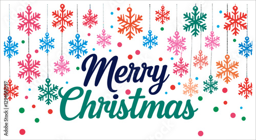 Merry Christmas typography and hanging snowflakes vector. Christmas typography with decorative snowflakes vector. Christmas day celebration text with snowflakes and decorative holly leaves vector