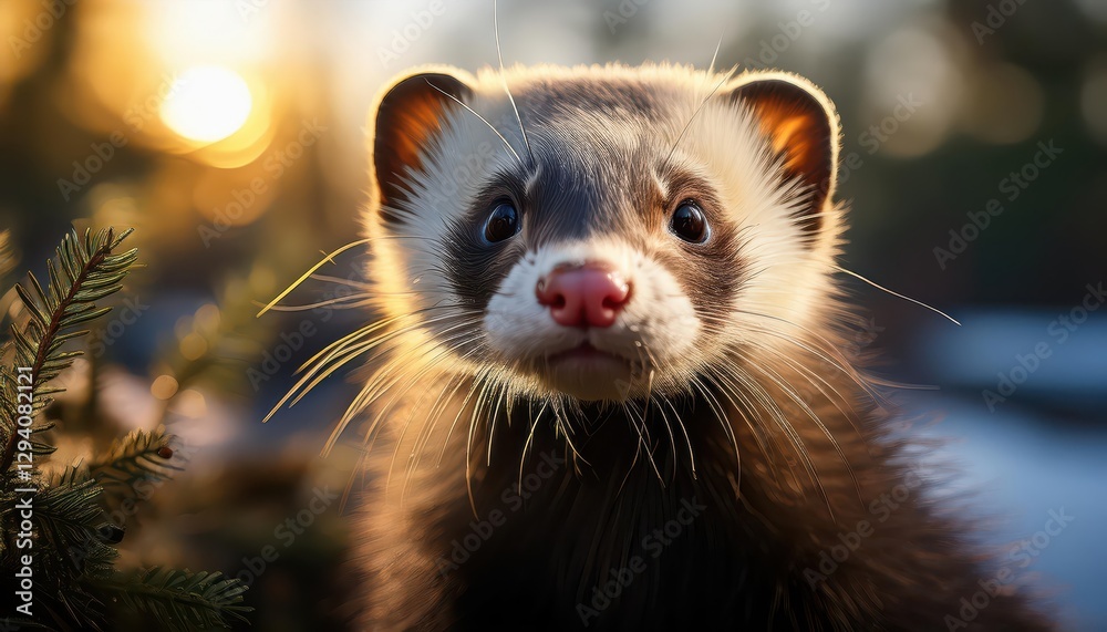 Lively Young Ferret Exploring the Forest Floor Amidst a Blend of Autumn Leaves and Dappled Sunlight, Capturing the Energetic Vigor of Wildlife in Harmony with Nature. Lively Young Ferret Exploring the Forest Floor Amidst a Blend of Autumn Leaves and Dappled Sunlight, Capturing the Energetic Vigor of Wildlife in Harmony with Nature.