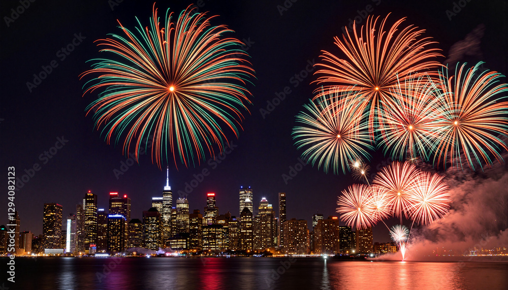 Fototapeta premium Vibrant fireworks illuminating city skyline at night, celebration atmosphere