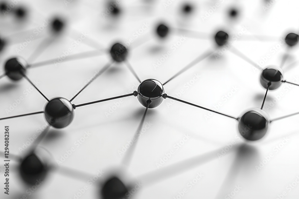 Interconnected network of shiny black spheres on a white surface creating a sense of connection and communication in a modern style