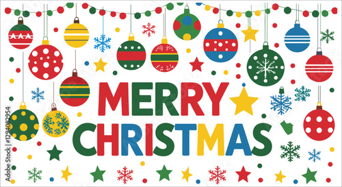 Merry Christmas typography with hanging ornaments and snowflakes vector design, Merry Christmas text with baubles and snowflake decorative element vector, Christmas day text design with hanging bauble