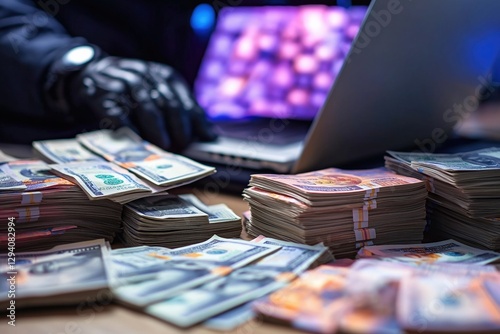 Criminal activities involving cash and technology, showcasing stacks of money and a laptop, highlighting the dark side of financial crime concept