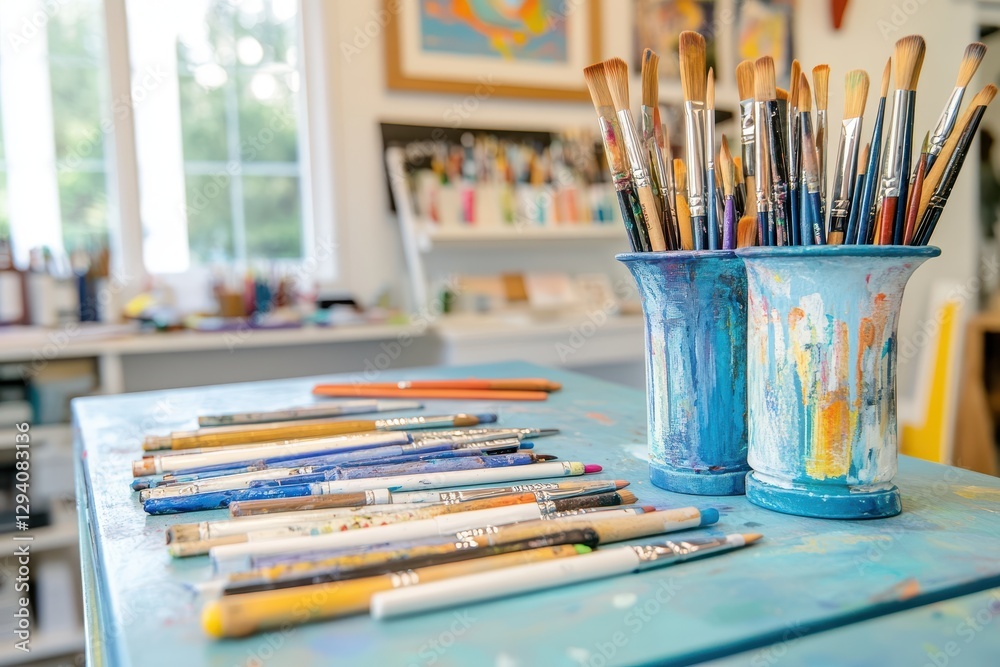 Fototapeta premium Art Studio Workspace with Paintbrushes and Colorful Tools