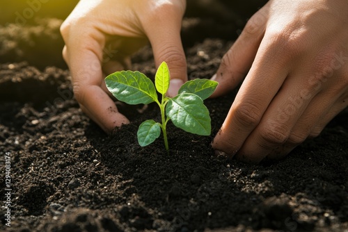 Hands gently nurturing young plant in rich soil, symbolizing gro