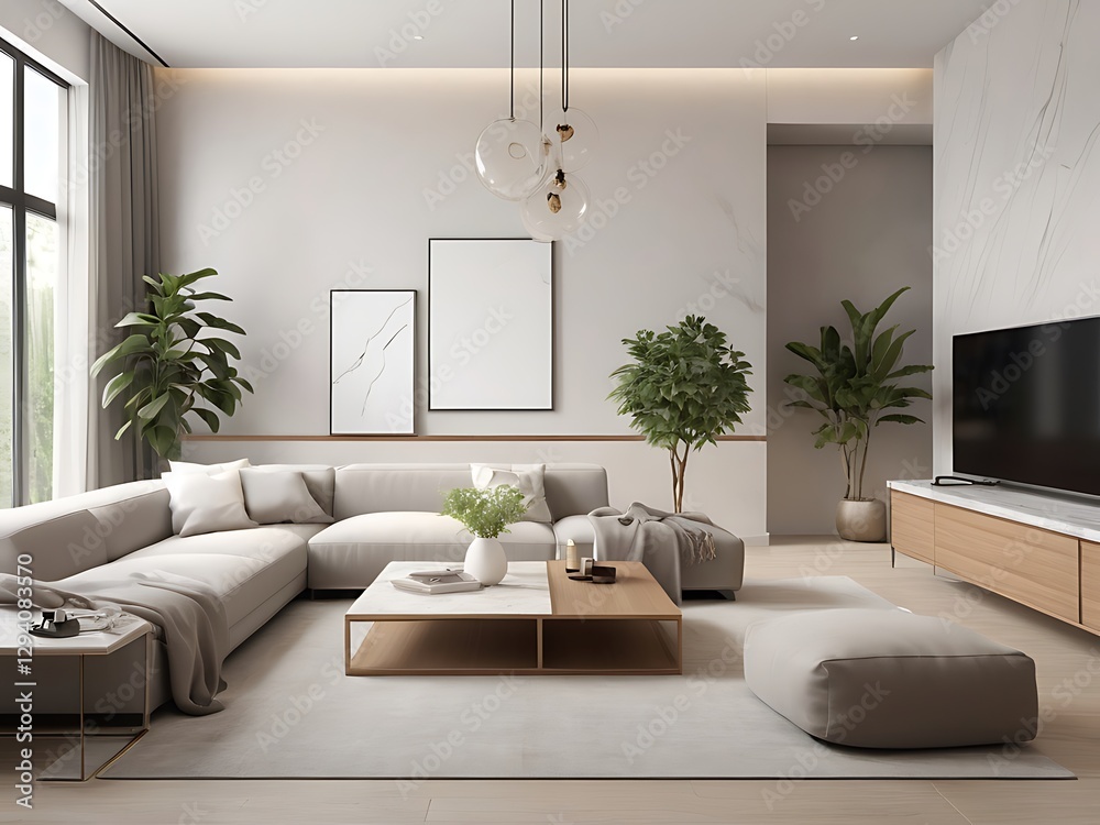 Fototapeta premium Modern Minimalist Living Room Interior - Elegant Neutral Design with Natural Light