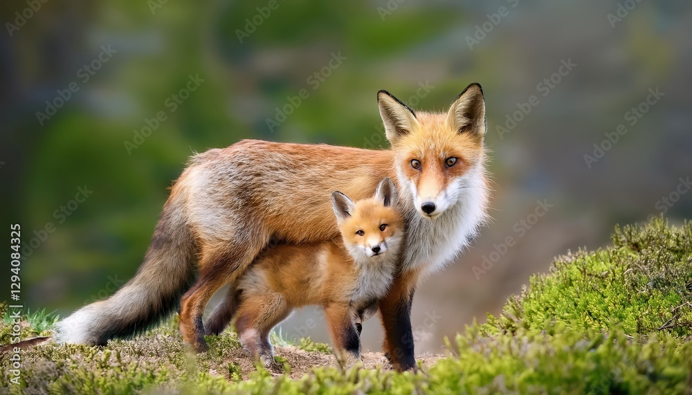 Adorable Red Fox Cub Cuddling with Mother in Vibrant Spring Meadow Embracing Natures Warmth and Tranquility Adorable Red Fox Cub Cuddling with Mother in Vibrant Spring Meadow Embracing Natures Warmth and Tranquility