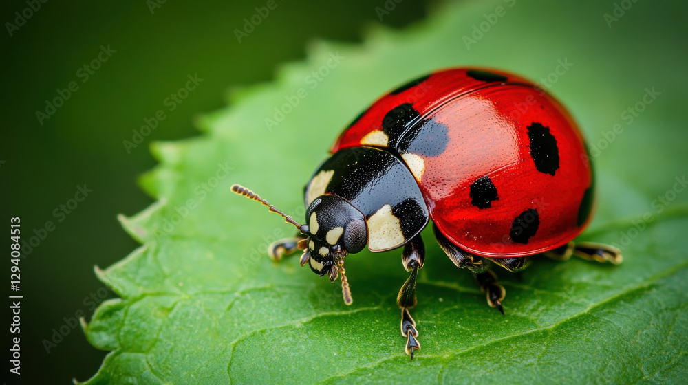 Vibrant Red Ladybug Resting on Green Leaf with Detailed Focus on its Colorful Spots and Texture, Capturing Nature's Beauty in Close-Up Photography Vibrant Red Ladybug Resting on Green Leaf with Detailed Focus on its Colorful Spots and Texture, Capturing Nature's Beauty in Close-Up Photography