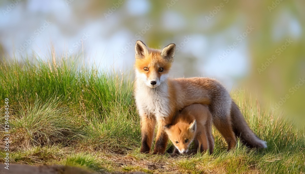 Cuddling Moment between a Young Red Fox and Its Mother in Vibrant Spring Nature Warm Embrace of Earthy Tones Captured in Picturesque Settings. Cuddling Moment between a Young Red Fox and Its Mother in Vibrant Spring Nature Warm Embrace of Earthy Tones Captured in Picturesque Settings.